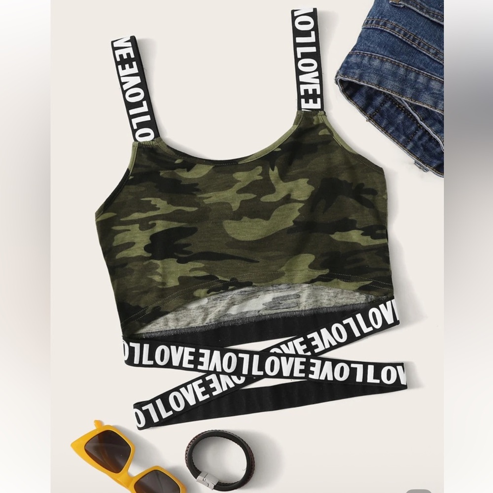 Camouflage Print Crop Top with Love Strap Detail